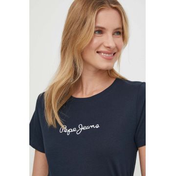 Pepe Jeans tricou din bumbac femei, culoarea albastru marin