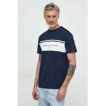 Tommy Jeans tricou din bumbac bărbați, culoarea bleumarin, cu imprimeu DM0DM18658