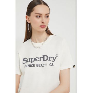 Superdry tricou din bumbac femei, culoarea bej