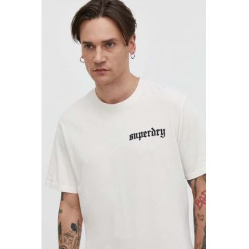 Superdry tricou din bumbac barbati, culoarea bej, cu imprimeu