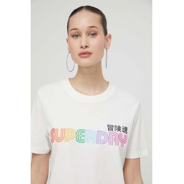 Superdry tricou din bumbac femei, culoarea bej