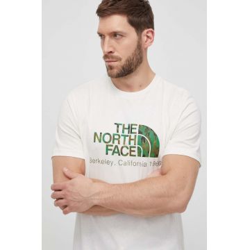 The North Face tricou din bumbac barbati, culoarea bej, cu imprimeu