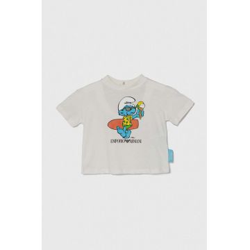 Emporio Armani tricou din bumbac pentru bebelusi x The Smurfs culoarea alb, cu imprimeu