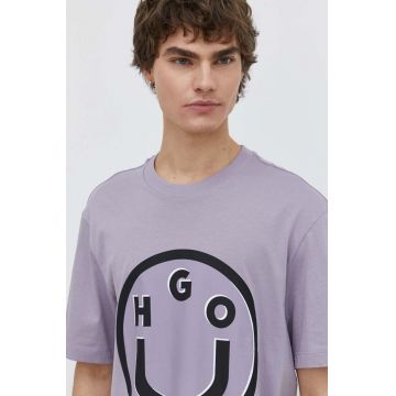 HUGO Blue tricou din bumbac bărbați, culoarea violet, cu imprimeu 50513189