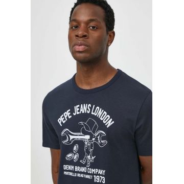 Pepe Jeans tricou din bumbac barbati, culoarea albastru marin, cu imprimeu