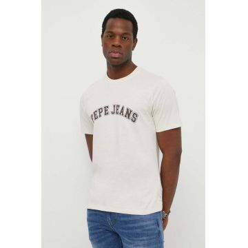 Pepe Jeans tricou din bumbac barbati, culoarea bej, cu imprimeu