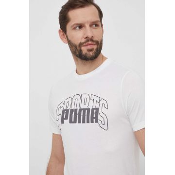 Puma tricou din bumbac bărbați, culoarea alb, cu imprimeu, 680177