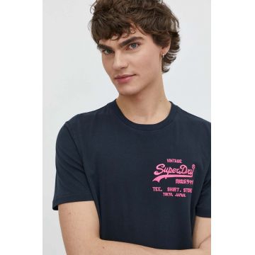 Superdry tricou din bumbac barbati, culoarea albastru marin, cu imprimeu