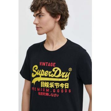 Superdry tricou din bumbac barbati, culoarea negru, cu imprimeu