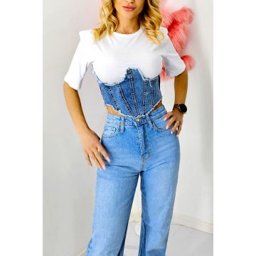 Tricou din bumbac tip bustiera, Khena, cu panou din denim si umeri evidentiati, Alb