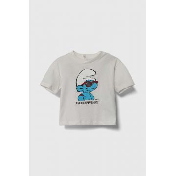 Emporio Armani tricou din bumbac pentru bebelusi x The Smurfs culoarea bej, cu imprimeu