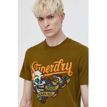 Superdry tricou din bumbac barbati, culoarea verde, cu imprimeu