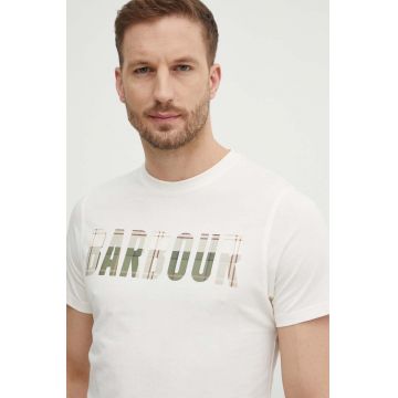 Barbour tricou din bumbac barbati, culoarea bej, cu imprimeu