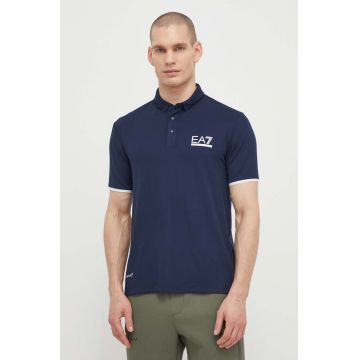 EA7 Emporio Armani tricou polo barbati, culoarea albastru marin, cu imprimeu