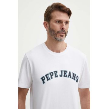 Pepe Jeans tricou din bumbac barbati, culoarea bej, cu imprimeu