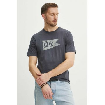 Pepe Jeans tricou din bumbac SINGLE CARDIFF barbati, culoarea gri, cu imprimeu, PM509401