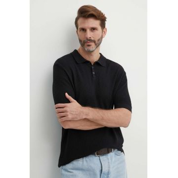 Sisley tricou polo din in culoarea negru, neted