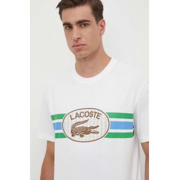 Lacoste tricou din bumbac culoarea alb, cu imprimeu