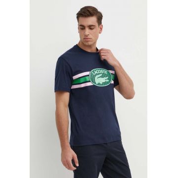 Lacoste tricou din bumbac culoarea albastru marin, cu imprimeu