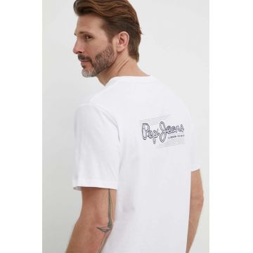 Pepe Jeans tricou din bumbac SINGLE CLIFORD barbati, culoarea alb, cu imprimeu, PM509367