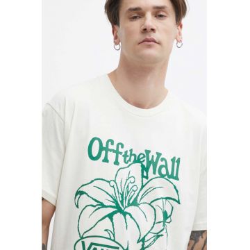 Vans tricou din bumbac barbati, culoarea bej, cu imprimeu